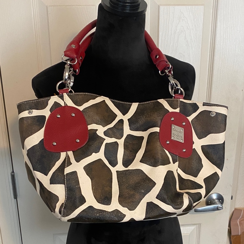 Dooney & Bourke Red and Brown Giraffe Print Shoulder Bag